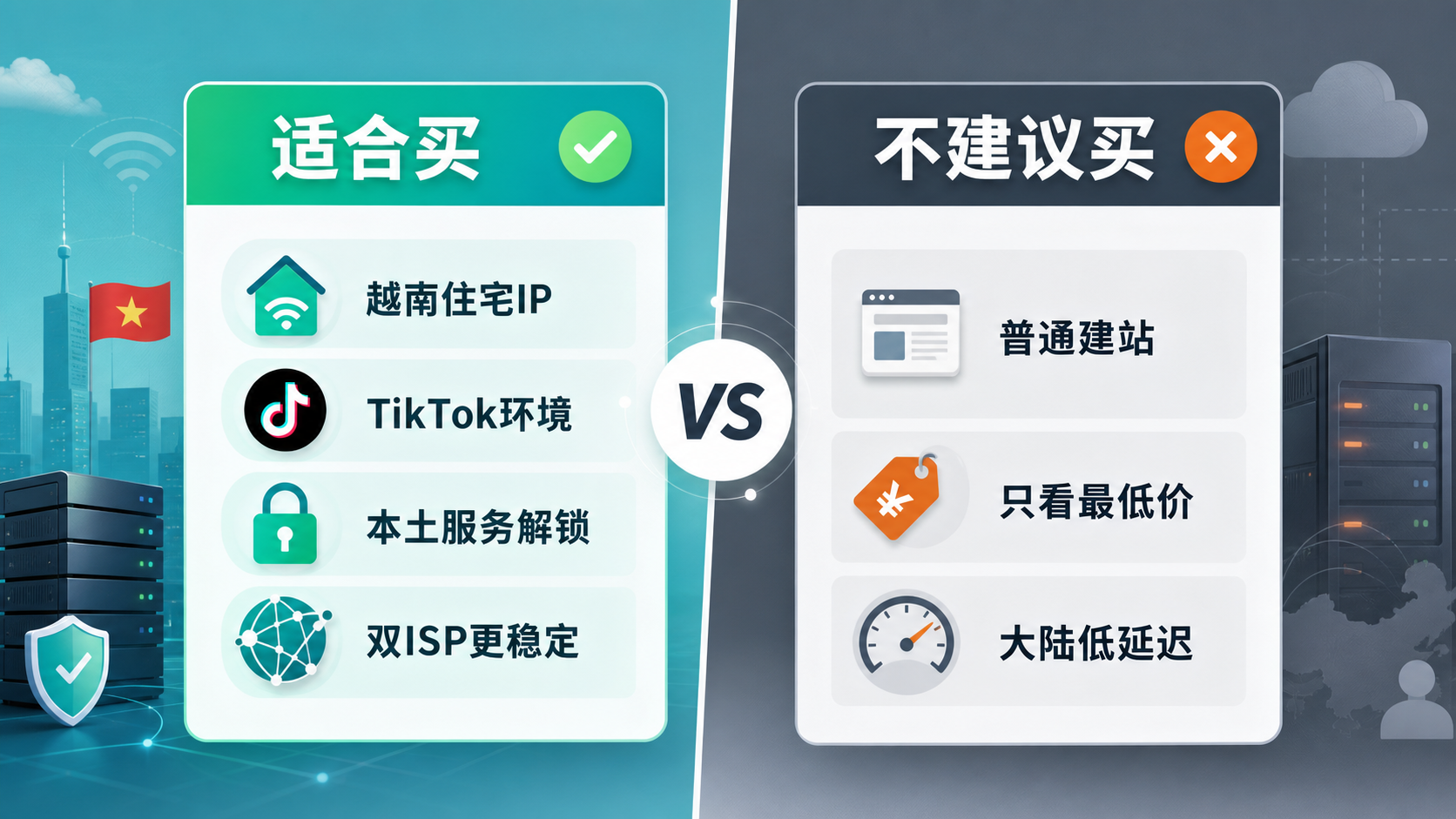 丽萨主机越南住宅 IP VPS 适合买和不建议买场景对比图